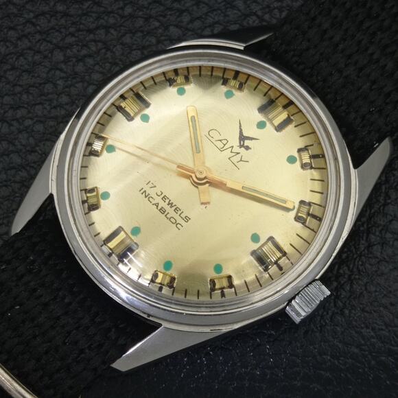 Vintage 1973 Camy Manual Mens Silver Watch W/Nato Strap & Gold accents - Picture 6 of 9